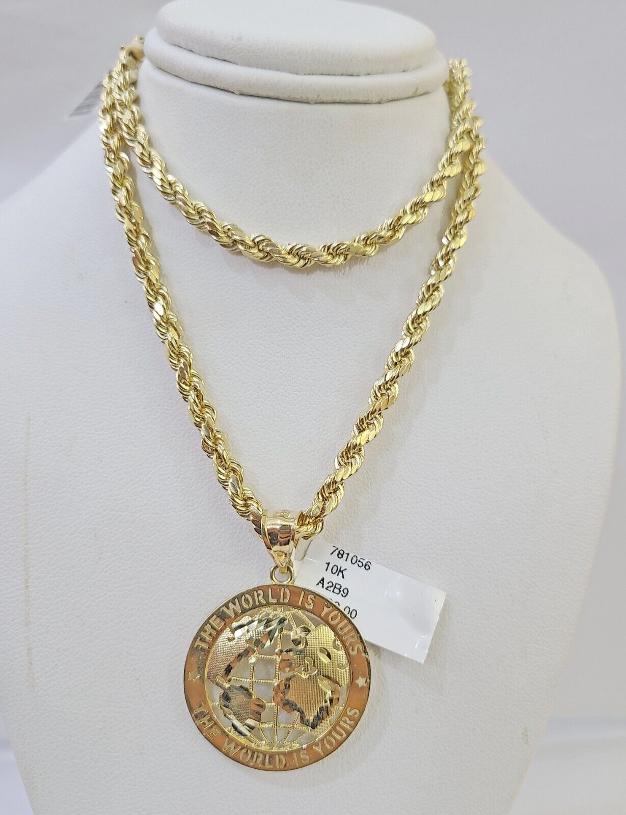 10k Yellow Gold Rope Chain World is Yours Charm Set 4mm 18" - 26"Inch Necklace - GoldenlinQ